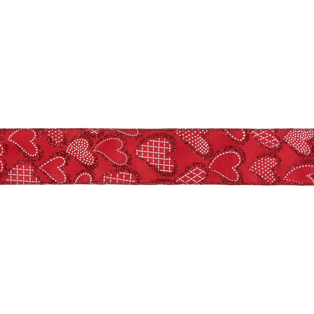 2.5" x 10yd. Red Glittered Hearts Valentine's Day Wired Craft Ribbon